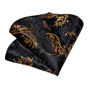Men Tie Black Gold Paisley Quality Wedding Tie For Men Hanky Cufflink Silk Tie Set
