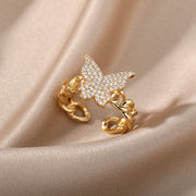 Zircon Butterfly Rings Stainless Steel Twisted Chain Finger Adjustable