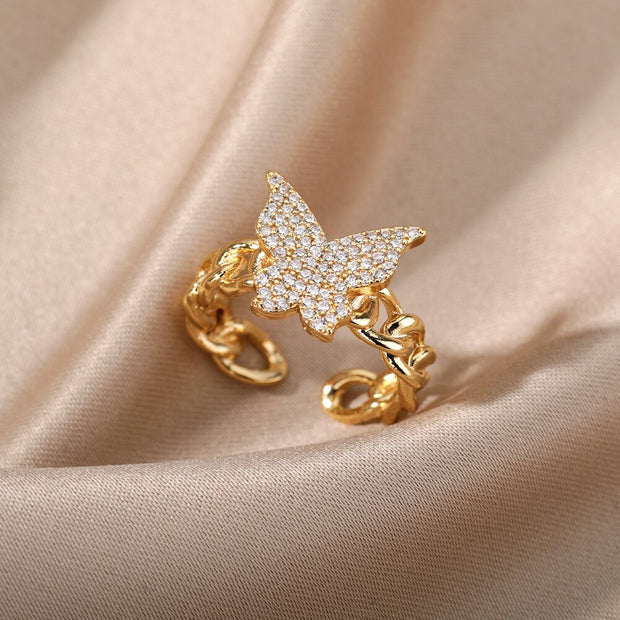 Zircon Butterfly Rings Stainless Steel Twisted Chain Finger Adjustable