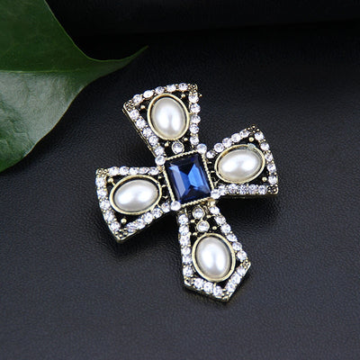 Cultured Pearl CZ Cross Brooch Women Men Jewelry Crystal Broche