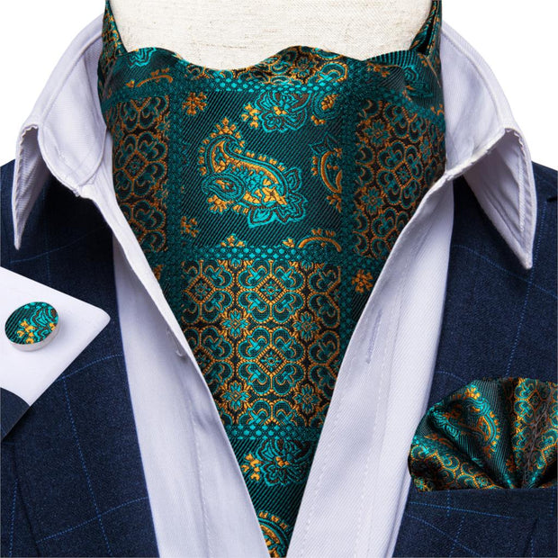 Men Premium Silk Ascot Tie Set Paisley Floral Blue Red Vintage Wedding