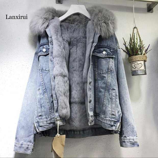 Luxury Short Fox Fur Outwear Women Denim Jacket