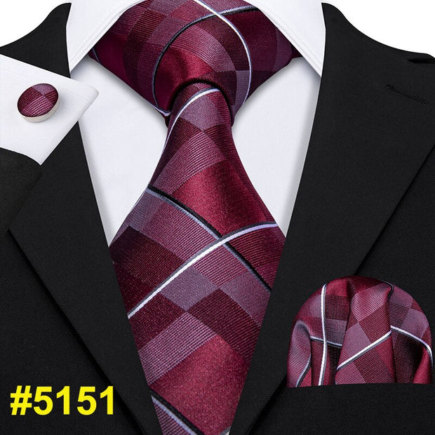 LS-704 Men`s Tie 100% Silk Red Plaid Jacquard Woven Wedding Tie