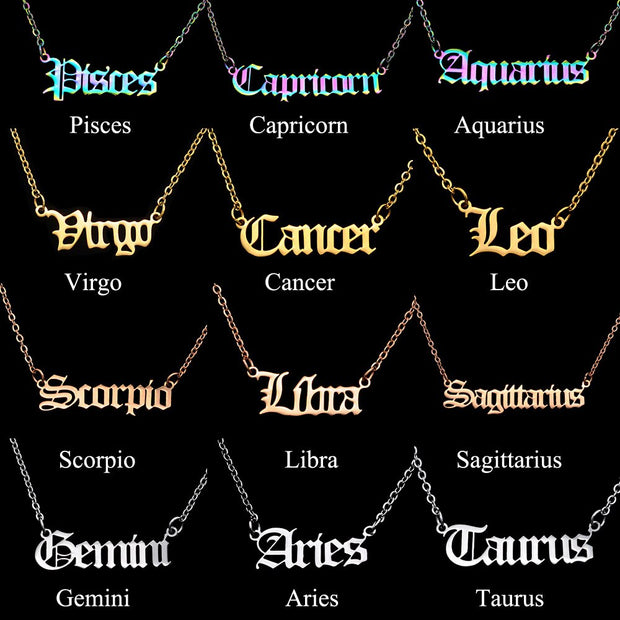 12pcs/set Wholesale 100% Stainless Steel Old English Zodiac Letter Necklace