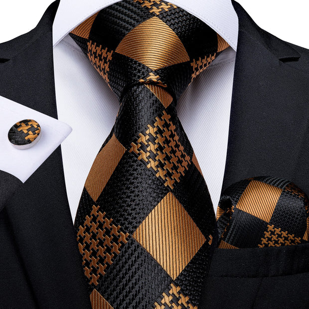 Men Tie Black Gold Paisley Quality Wedding Tie For Men Hanky Cufflink Silk Tie Set