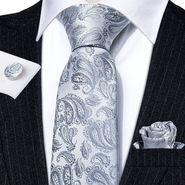 Fashion Silver Floral Silk Men Tie Wedding Gift Barry.Wang Designer NeckTie