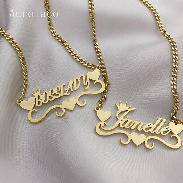 AurolaCo Custom Name Necklace With Heart Personalized Stainless Steel Gold