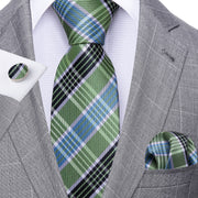 Fashion Green Plaid Men Tie Set Silk Jacquard Necktie Wedding Business