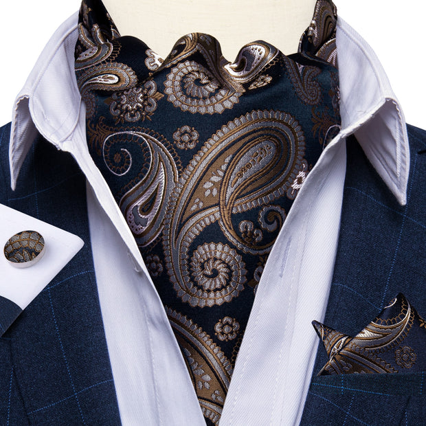 Men Premium Silk Ascot Tie Set Paisley Floral Blue Red Vintage Wedding
