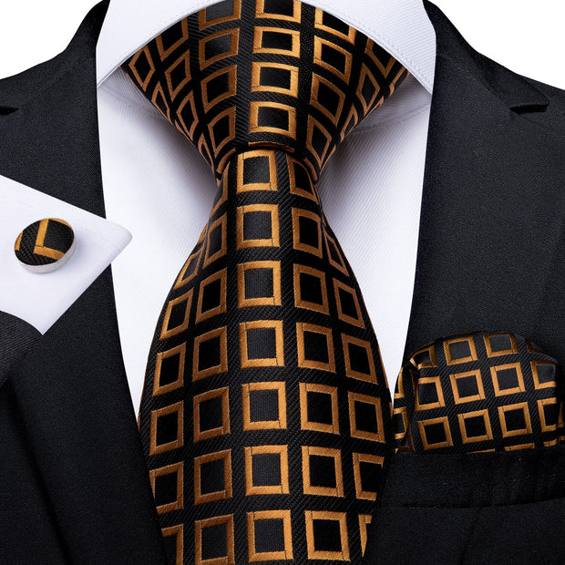 Men Tie Black Gold Paisley Quality Wedding Tie For Men Hanky Cufflink Silk Tie Set