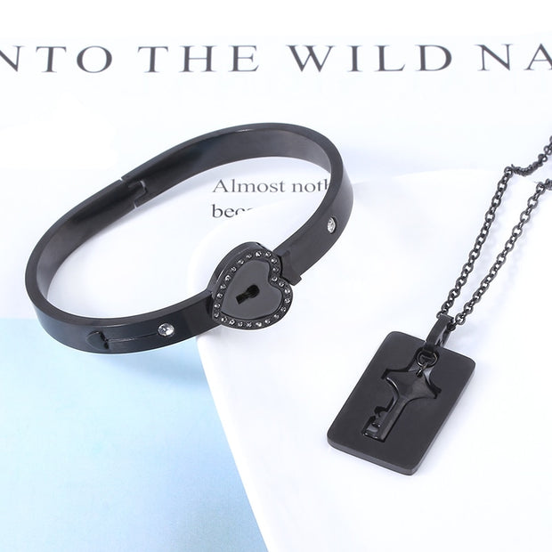Black Heart Bracelet Choker Set Jewelry Stainless Steel Key Pendant Necklace