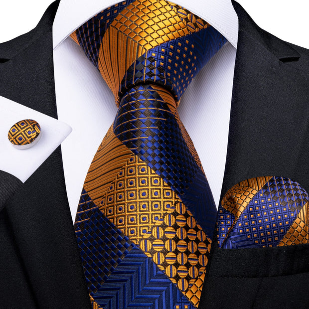 Men Tie Black Gold Paisley Quality Wedding Tie For Men Hanky Cufflink Silk Tie Set