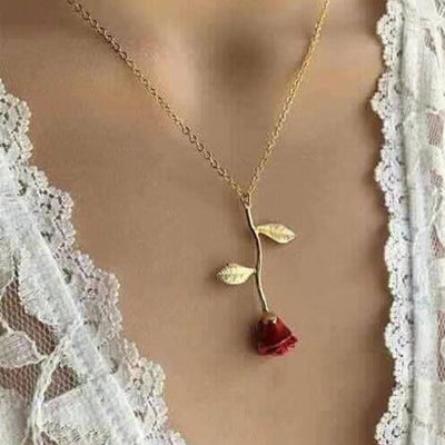 Retro Simple Rose Flower Pendant Charm Party Red Rose Necklace