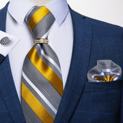 Yellow White Striped Silk Woven Ties For Men