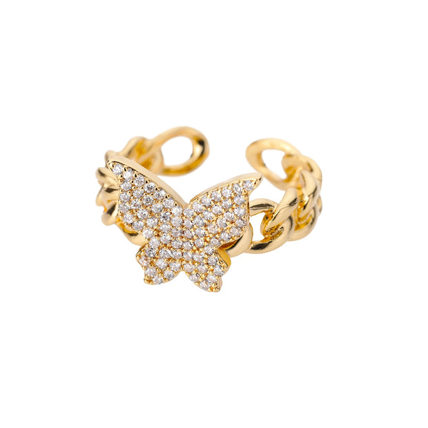Zircon Butterfly Rings Stainless Steel Twisted Chain Finger Adjustable