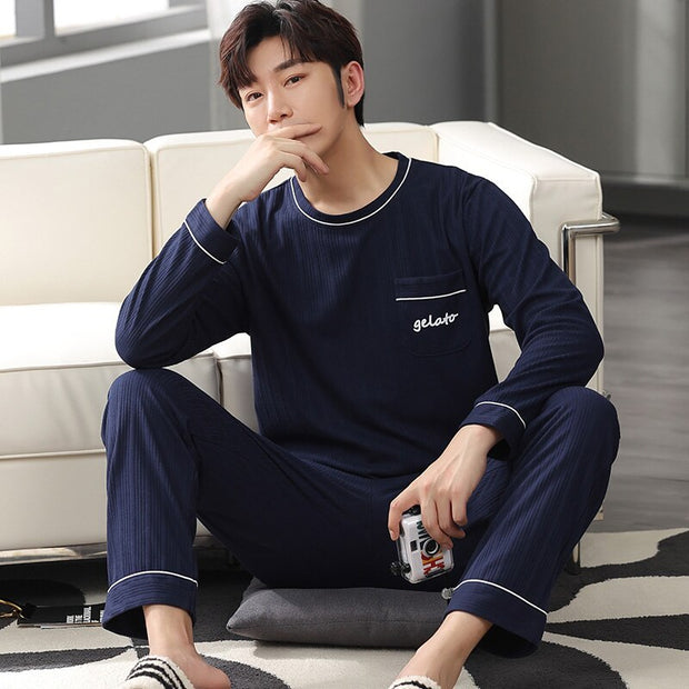 Big Yards L-4XL full cotton pyjamas men pijamas para hombre long-sleeve