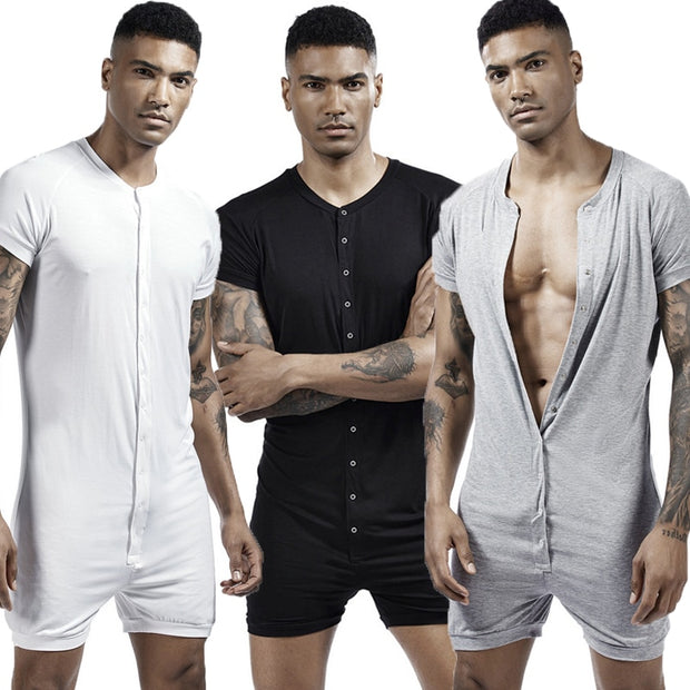 Mens Undershirts Sleepwear Shorts Sleeve Button Causal Loose Jumpsuits