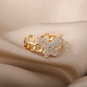 Zircon Butterfly Rings Stainless Steel Twisted Chain Finger Adjustable