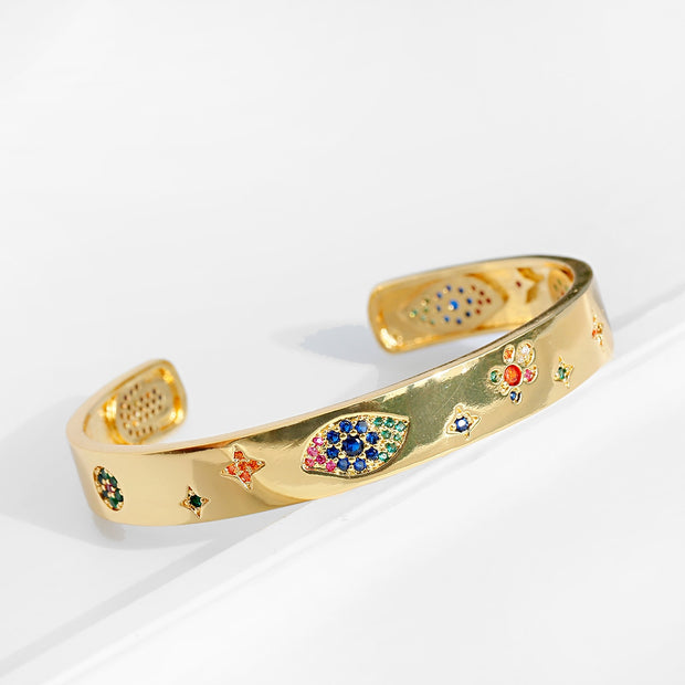 Luxury Zircon Crystal Hollow Gold Color Bangle Bracelet For Women Classic Star Evil Eye