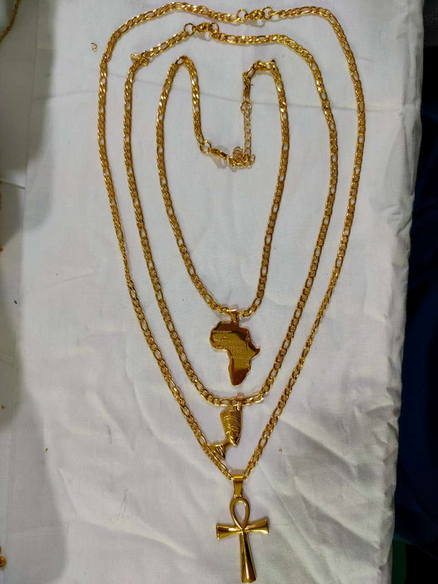 3pcs Africa Map Cross Nefertiti Pendant Necklace Set For Women Men