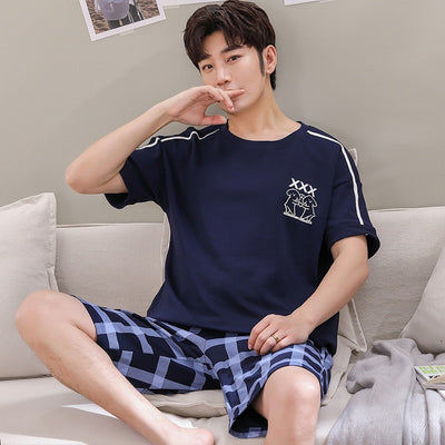 Summer Casual men's pajamas Knitted cottonshort sleeve shorts Striped