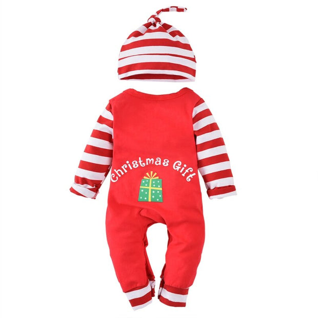 Ins Santa Claus Romper Suit Striped Playsuit Clothes+Hat 2PCS Baby Kids
