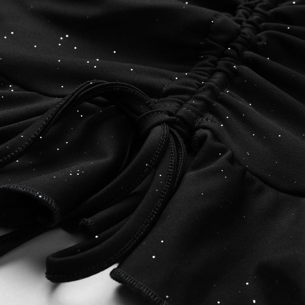 Off Shoulder Shiny Ruched Black Mini Dress