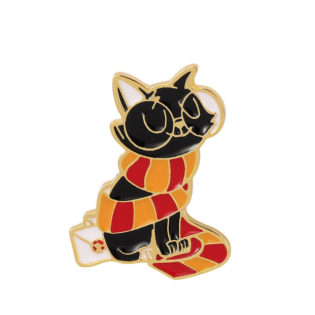 Cute Pet Cat Big Glasses Classic Magic Movie Stripe Scarf Enamel Charm Brooch