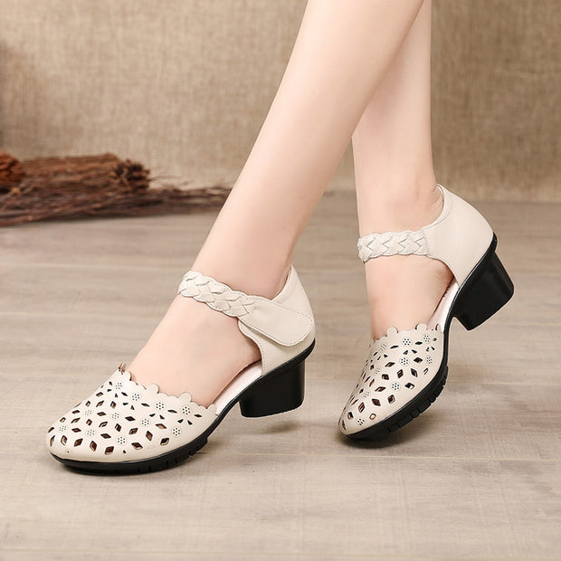 Genuine Leather Shoes Woman Retro Hollow Out Sandals