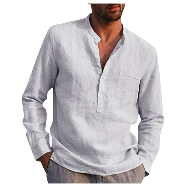 Shirts Stand Collar Solid Color Shirt Long Sleeve Pocket Cotton Shirt