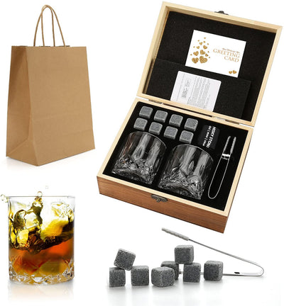 Whiskey Stones Glasses Set, Granite Ice Cube For Whisky, Whiski Chilling Rocks In Wooden Box