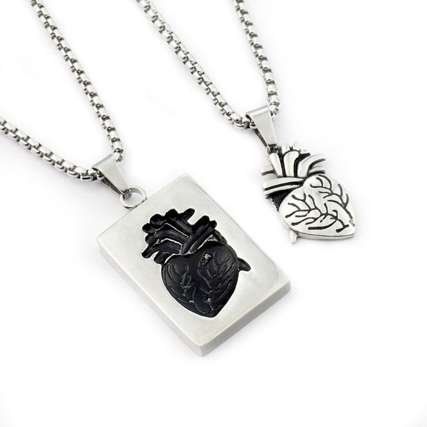 Gothic Anatomical Heart Pendant Necklace Set &amp; Puzzle Couple  Stainless Steel