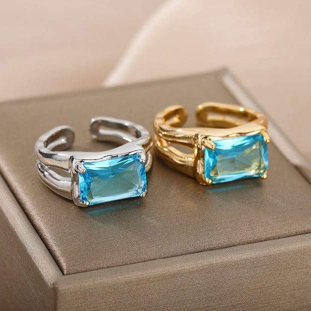 Blue Cubic Zircon Stone Ring For Women Stainless Steel  Square Geometry Finger Ring