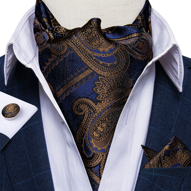 Men Premium Silk Ascot Tie Set Paisley Floral Blue Red Vintage Wedding