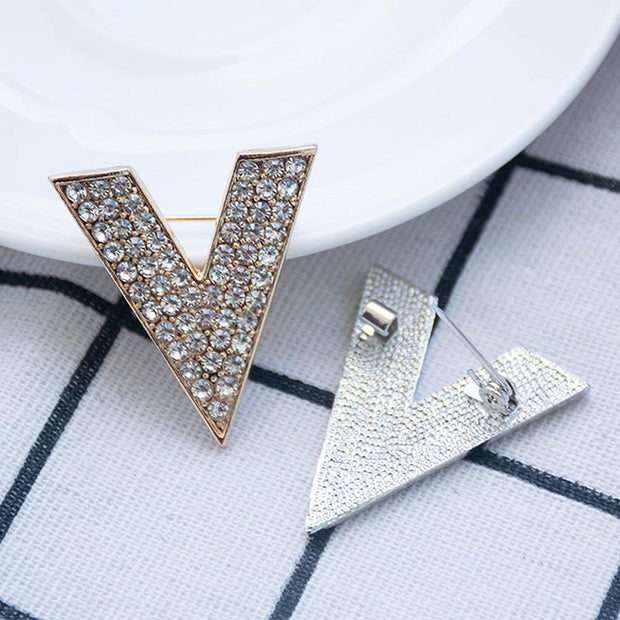 V Shape Fashion Brand Crystal Brooches For Women Letter Pin Coat