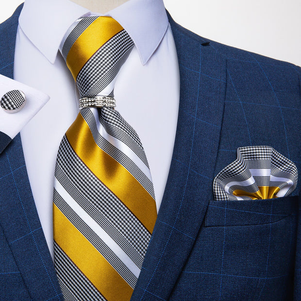 Yellow White Striped Silk Woven Ties For Men