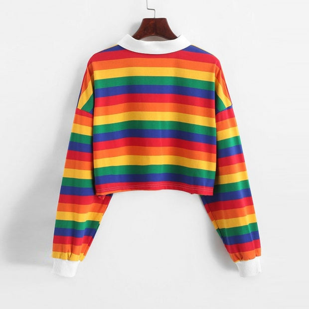 Fashion Winter Women Rainbow Striped Hoodies