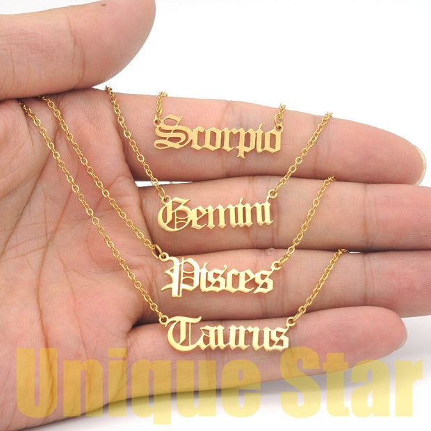 12pcs/set Wholesale 100% Stainless Steel Old English Zodiac Letter Necklace
