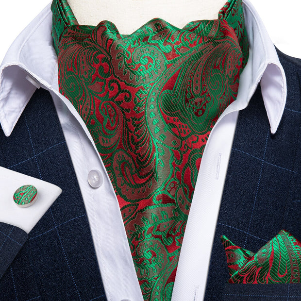 Men Premium Silk Ascot Tie Set Paisley Floral Blue Red Vintage Wedding