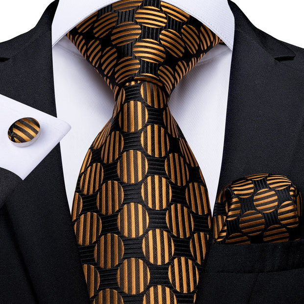 Men Tie Black Gold Paisley Quality Wedding Tie For Men Hanky Cufflink Silk Tie Set