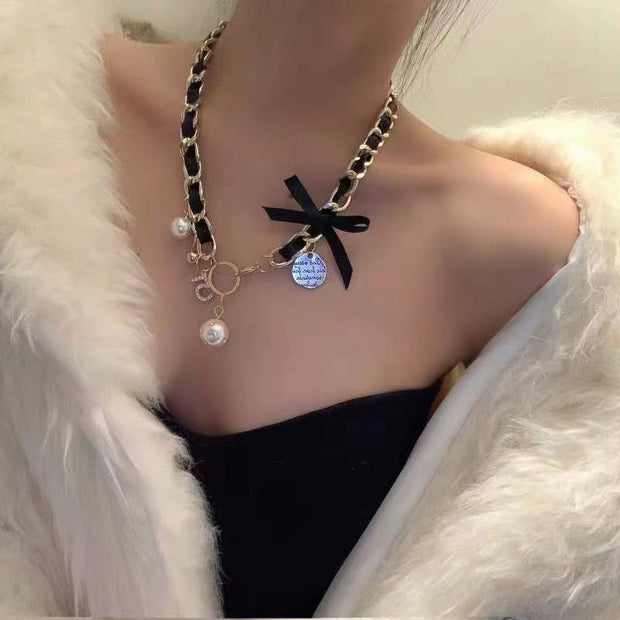 Leather Braid Pearl Number 5 Necklaces For Woman Bowknot Woman Necklace