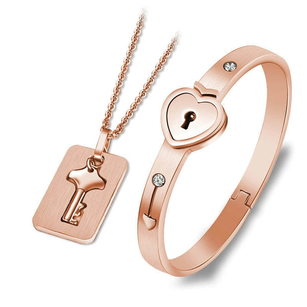 Black Heart Bracelet Choker Set Jewelry Stainless Steel Key Pendant Necklace