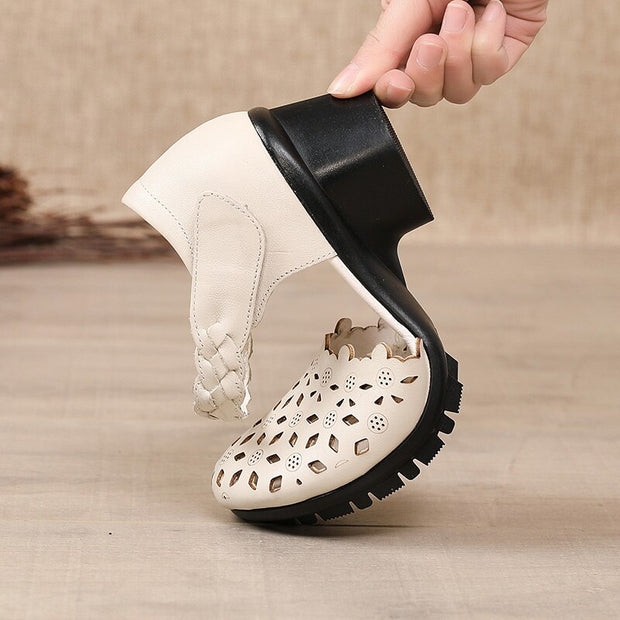 Genuine Leather Shoes Woman Retro Hollow Out Sandals