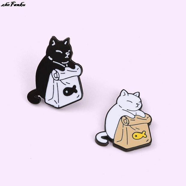 Enamel Pins Cute Black White Cats Dried Fish Bag Brooches Lapel Badge