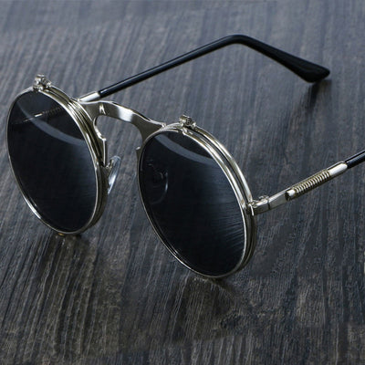 Retro Flip Round Sunglasses Men Women Metal Steampunk Style Sun Glasses