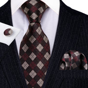 LS-704 Men`s Tie 100% Silk Red Plaid Jacquard Woven Wedding Tie