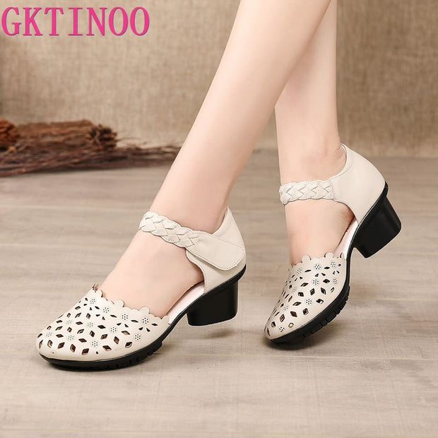 Genuine Leather Shoes Woman Retro Hollow Out Sandals