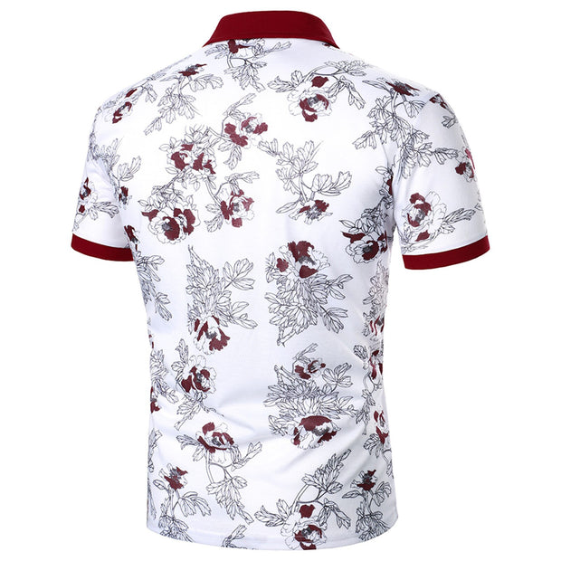 Men's Floral Polo Shirt Casual Button Short-sleeved Turn Down Collar Shirt
