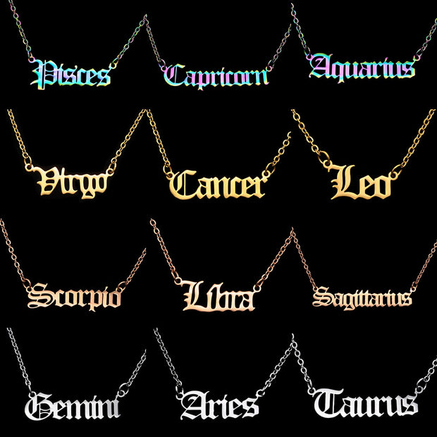 12pcs/set Wholesale 100% Stainless Steel Old English Zodiac Letter Necklace