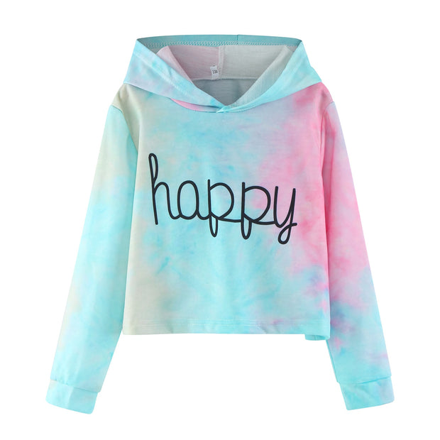 4-13 Years Autumn Teen Kids Girls Hoodies Letter Long Sleeve Tie Dyed Short Sweatshirt